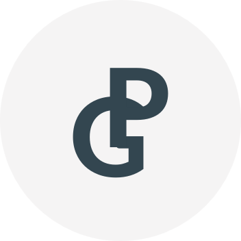 White circular logo with the letters 'G' and 'P' stacked off-center in dark blue